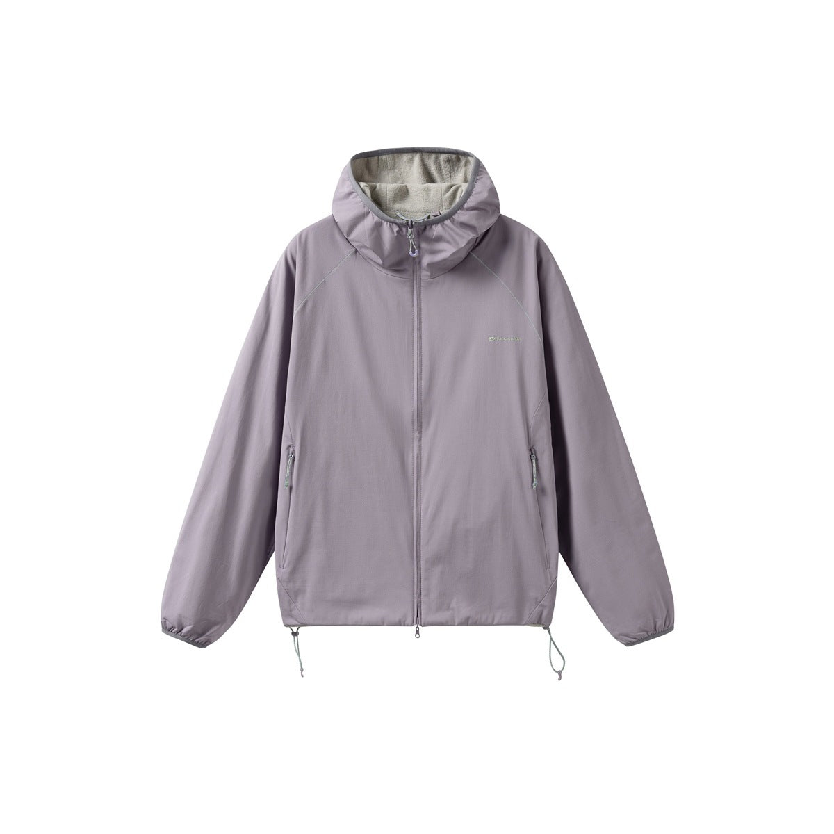 Dusty lavender hooded zip jacket, front view, raglan sleeves, side zip pockets, drawcord hem, gray fleece-like inner