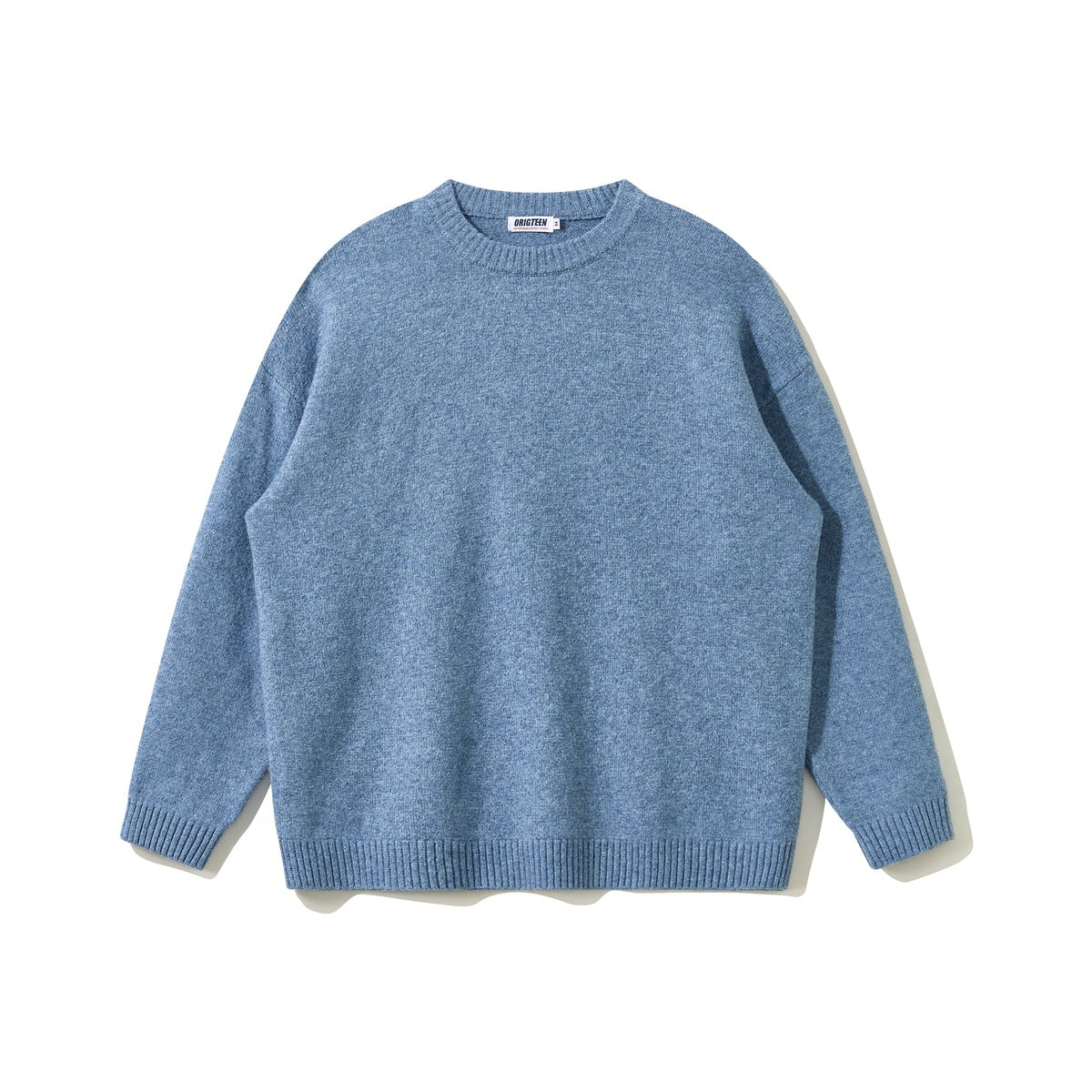 Blue heathered crewneck sweater with long sleeves and ribbed collar, cuffs, and hem, shown from the front.