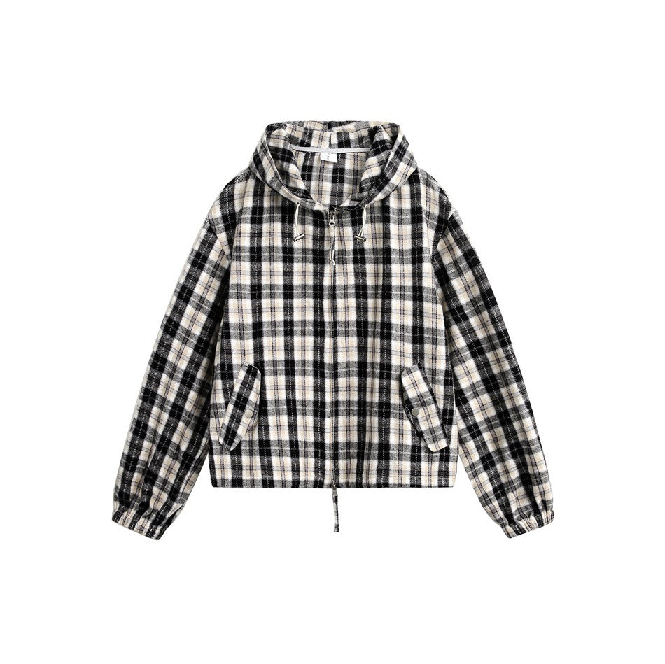 Black, cream and white plaid hooded zip jacket, flat front view with flap pockets and drawstring hem