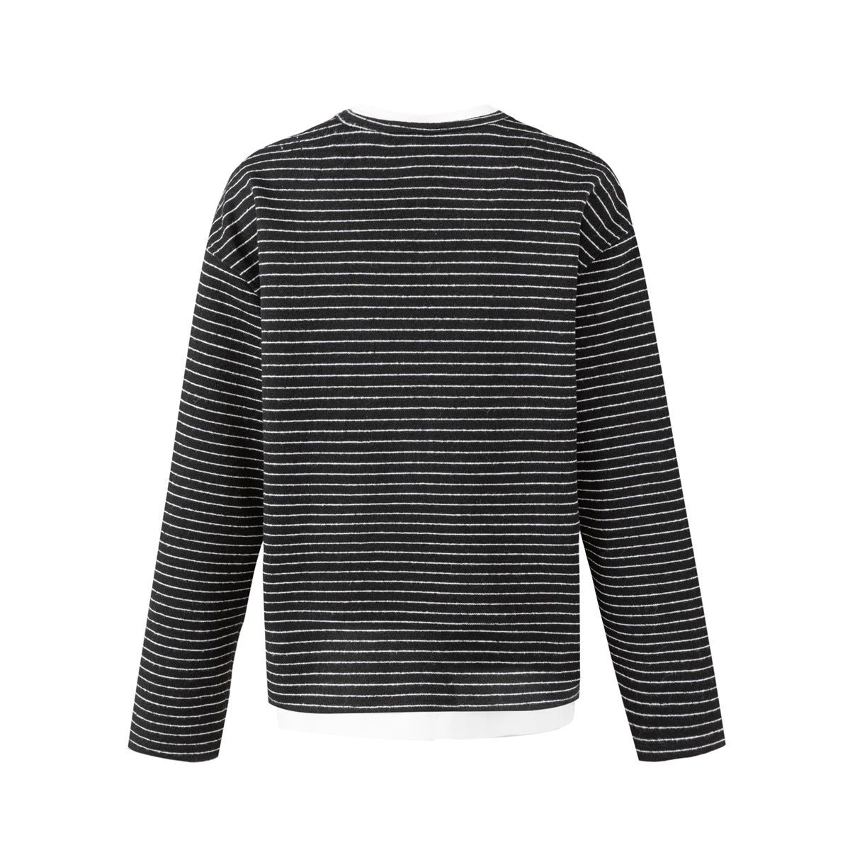 Back view of a black long-sleeve top with thin white stripes and a white neckline and hem layer.