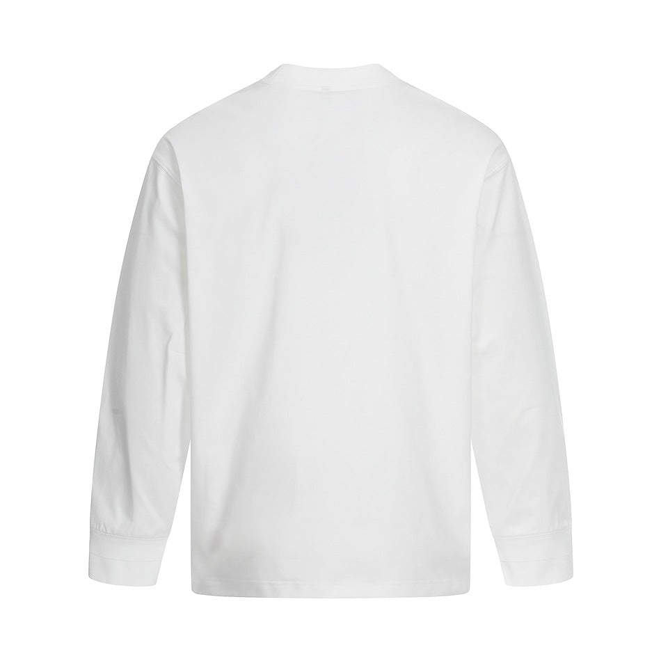 Back view of a plain white long-sleeve crewneck shirt on a white background.
