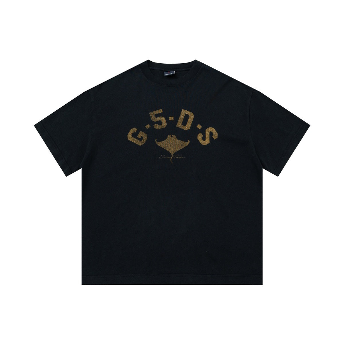 Black short-sleeve crew-neck T-shirt with gold-tan arched G·5·D·S lettering and manta ray graphic on chest