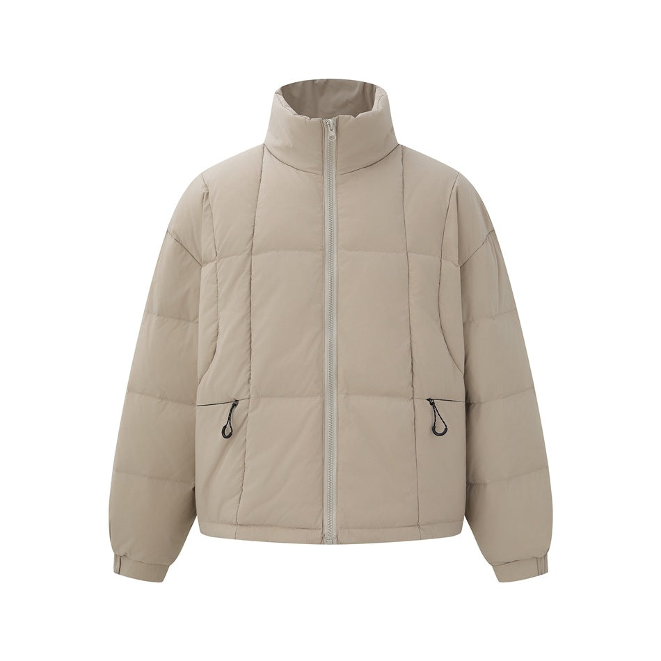 Beige quilted stand-collar puffer jacket, front view, zipped, with matching zipper and two zip pockets