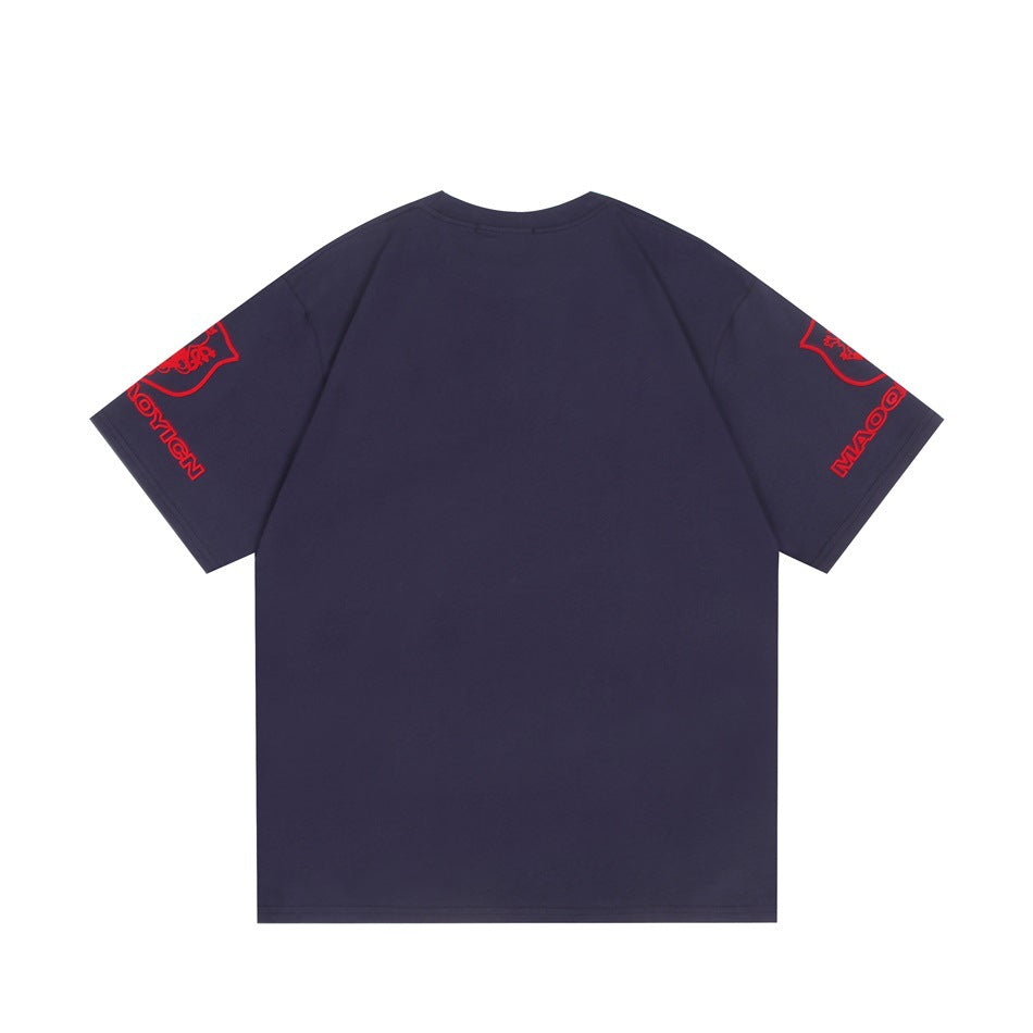 Back view of a navy short-sleeve shirt with red graphics on both sleeves.