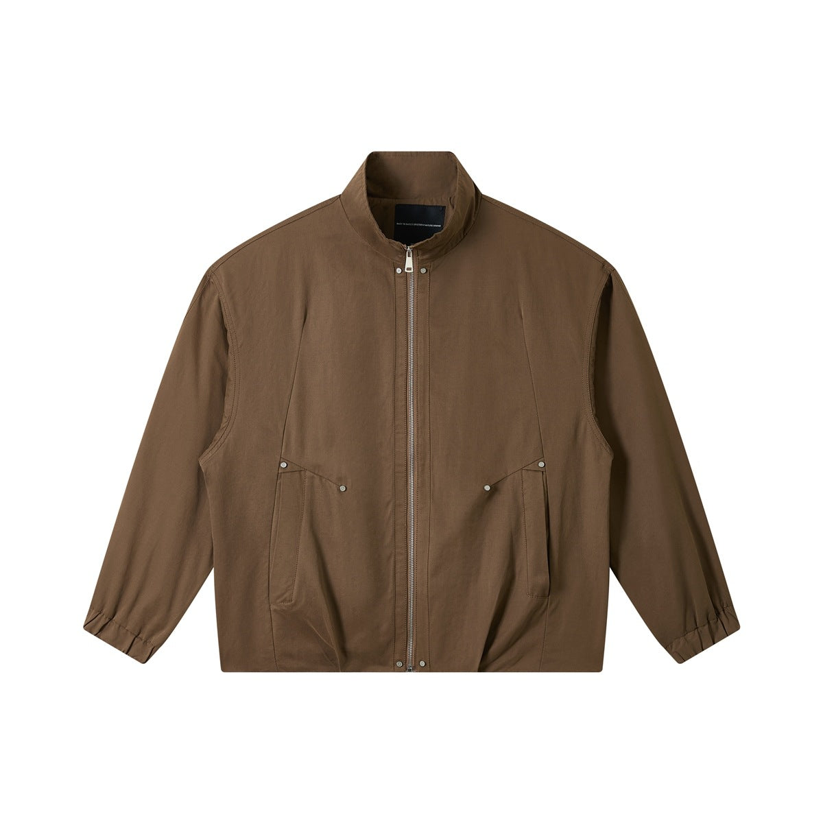 Coffee brown stand-collar zip jacket, flat front view, with stud-accented front pockets and elastic cuffs