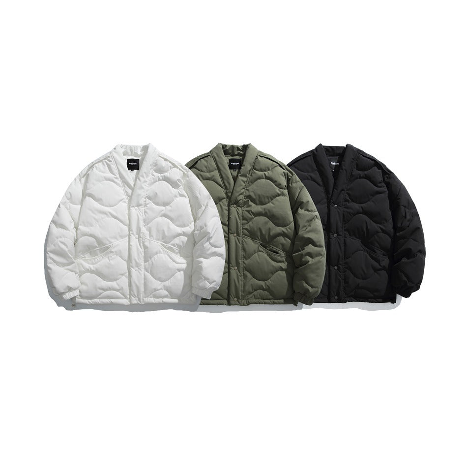 Three quilted button-front jackets shown together in white, olive green, and black.