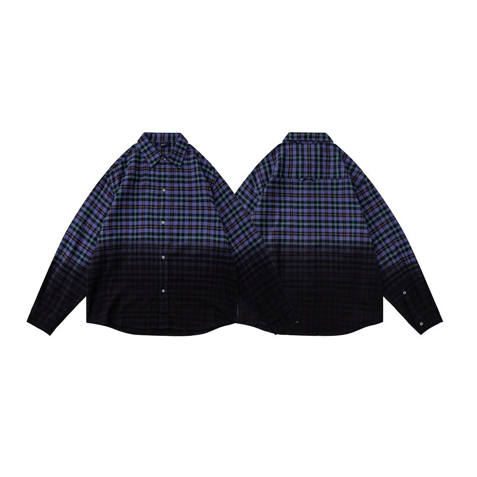 Front and back flat views of a long-sleeve button-up shirt in purple, teal, and black plaid.