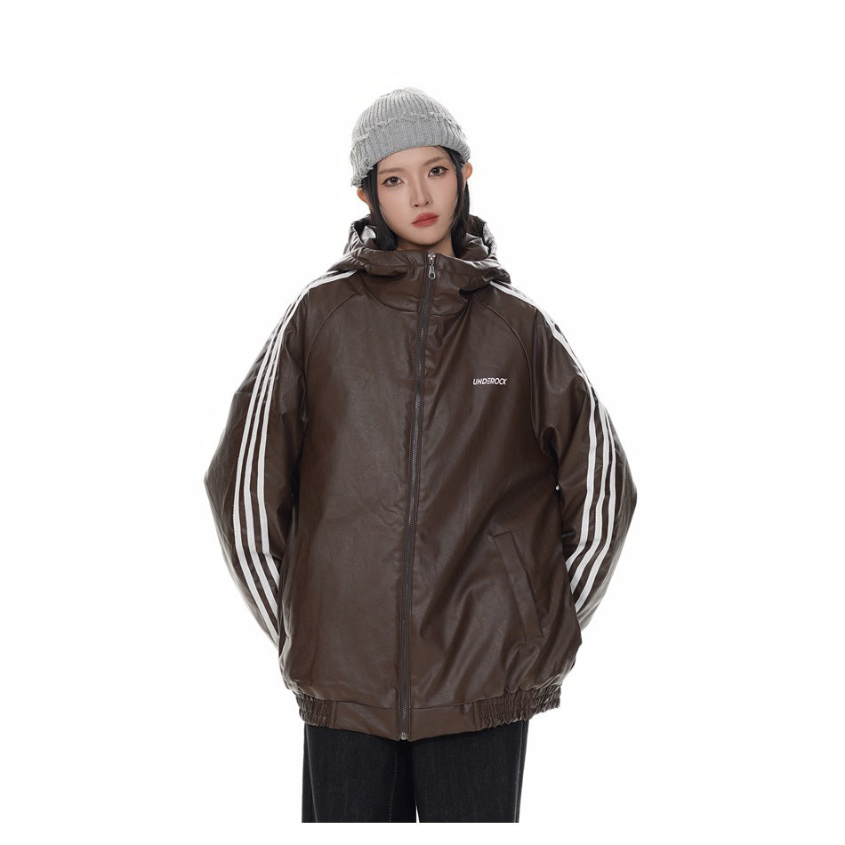 Model wearing a brown hooded zip leather-look jacket with white sleeve stripes, gray beanie and dark pants