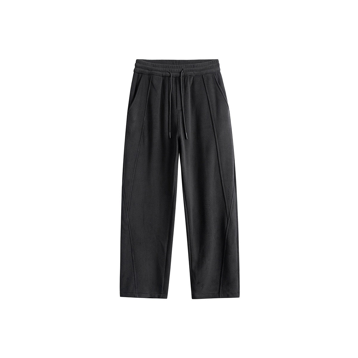 Black wide-leg drawstring sweatpants, flat front view with curved seams and side pockets