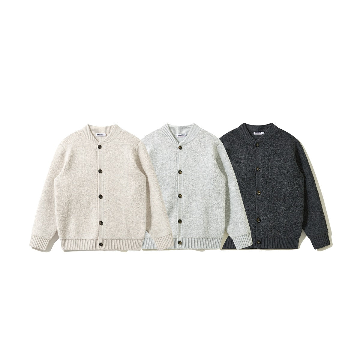 Three button-front knit cardigans shown from the front in cream, light gray, and charcoal, with ribbed trim.