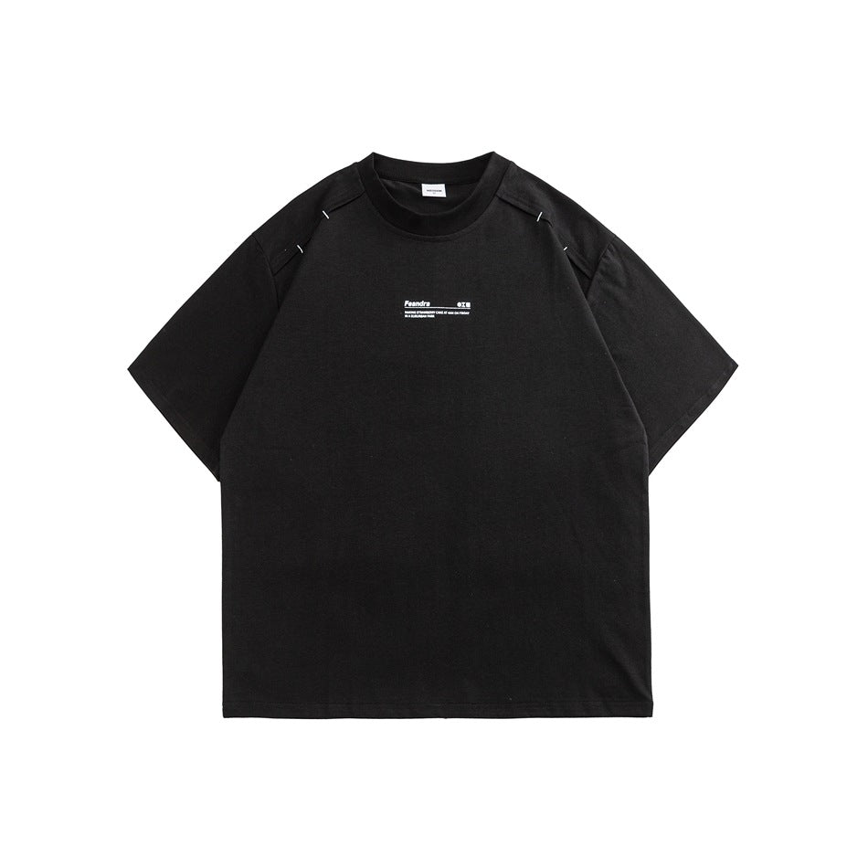 Black short-sleeve crew-neck T-shirt flat lay with shoulder seam detail and small chest text print