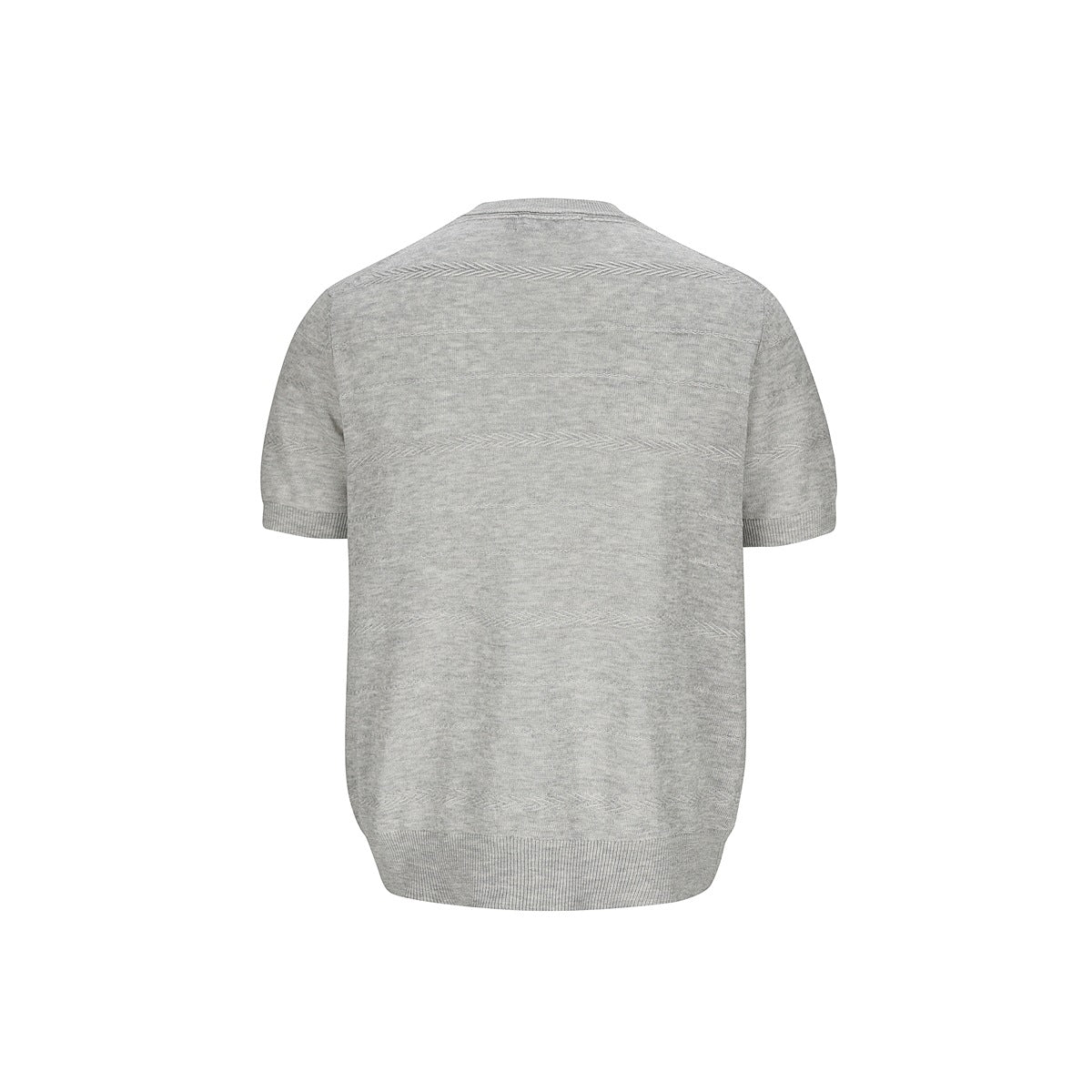 Back view of a light gray short-sleeve knit sweater with subtle horizontal textured bands and ribbed hems.