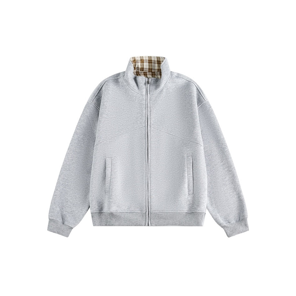 Heather gray zip-front stand-collar jacket with brown plaid collar interior, ribbed cuffs and hem, and front pockets