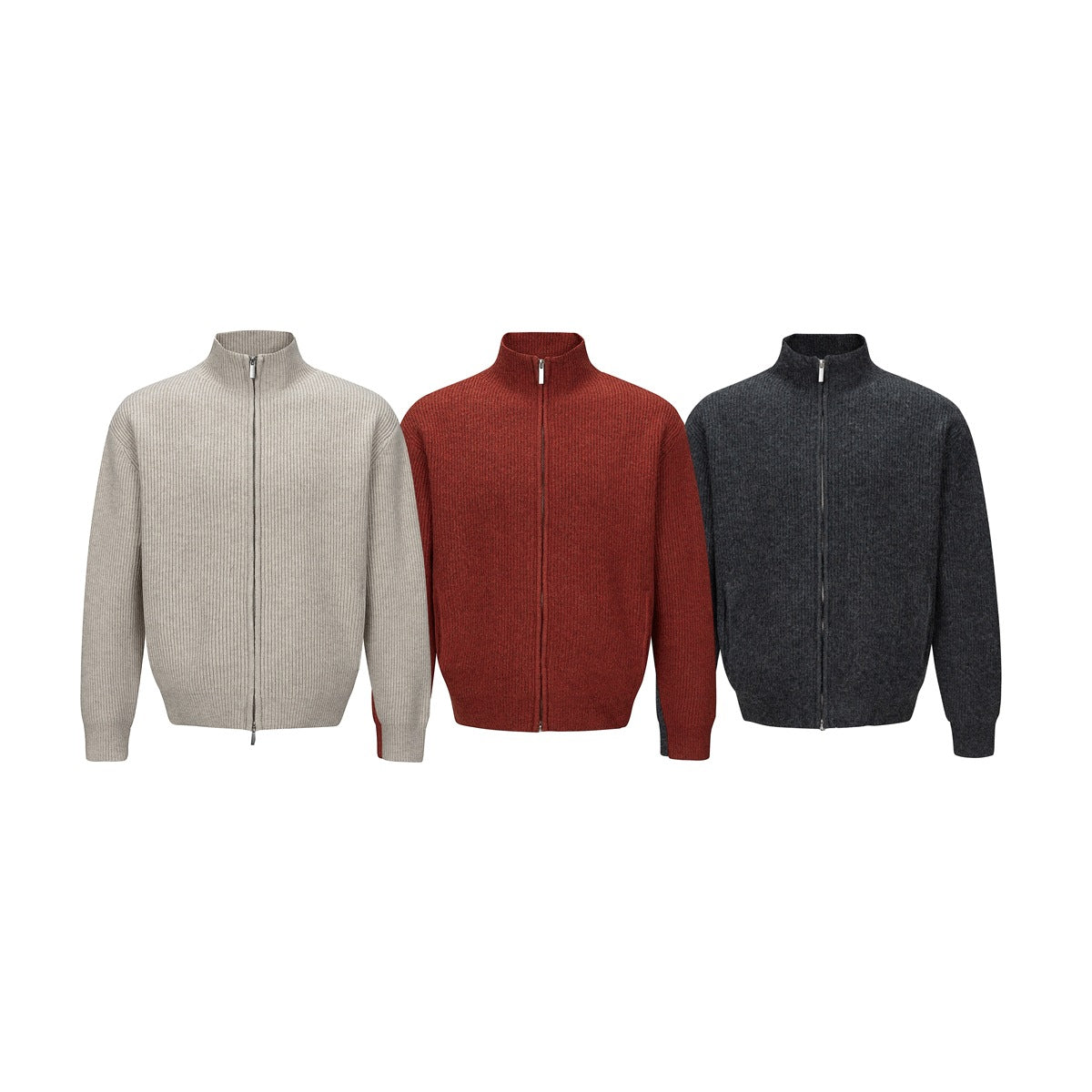 Three front views of ribbed, zip-front sweaters in light gray, rust red, and charcoal gray.