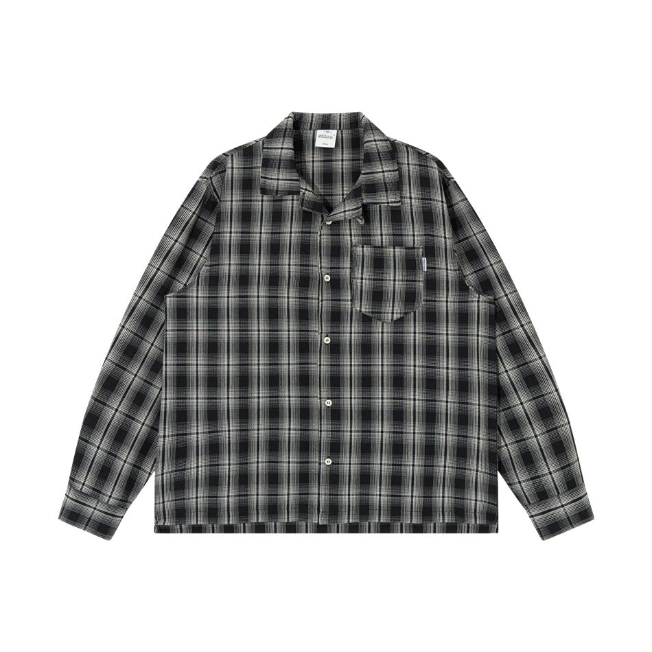 Black and gray plaid long-sleeve button-front shirt with open collar and chest pocket, flat front view