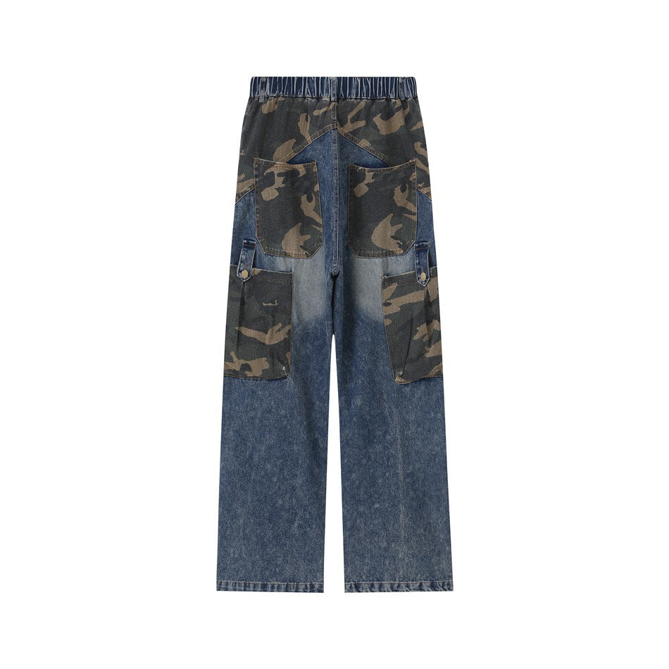 Back of blue denim pants with elastic waistband, camouflage back patch pockets and camo cargo side pockets