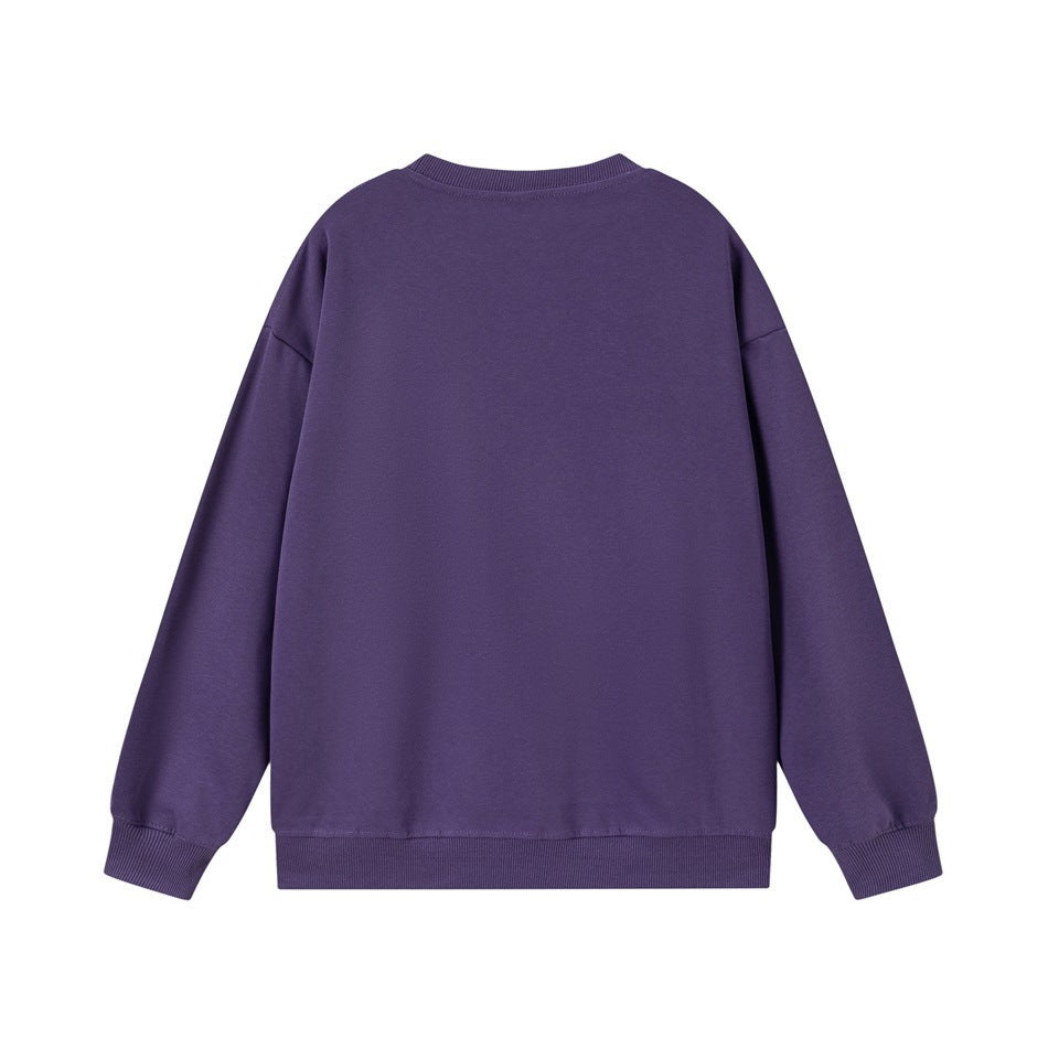 Back view of a plain purple crewneck sweatshirt with long sleeves and ribbed cuffs and hem.