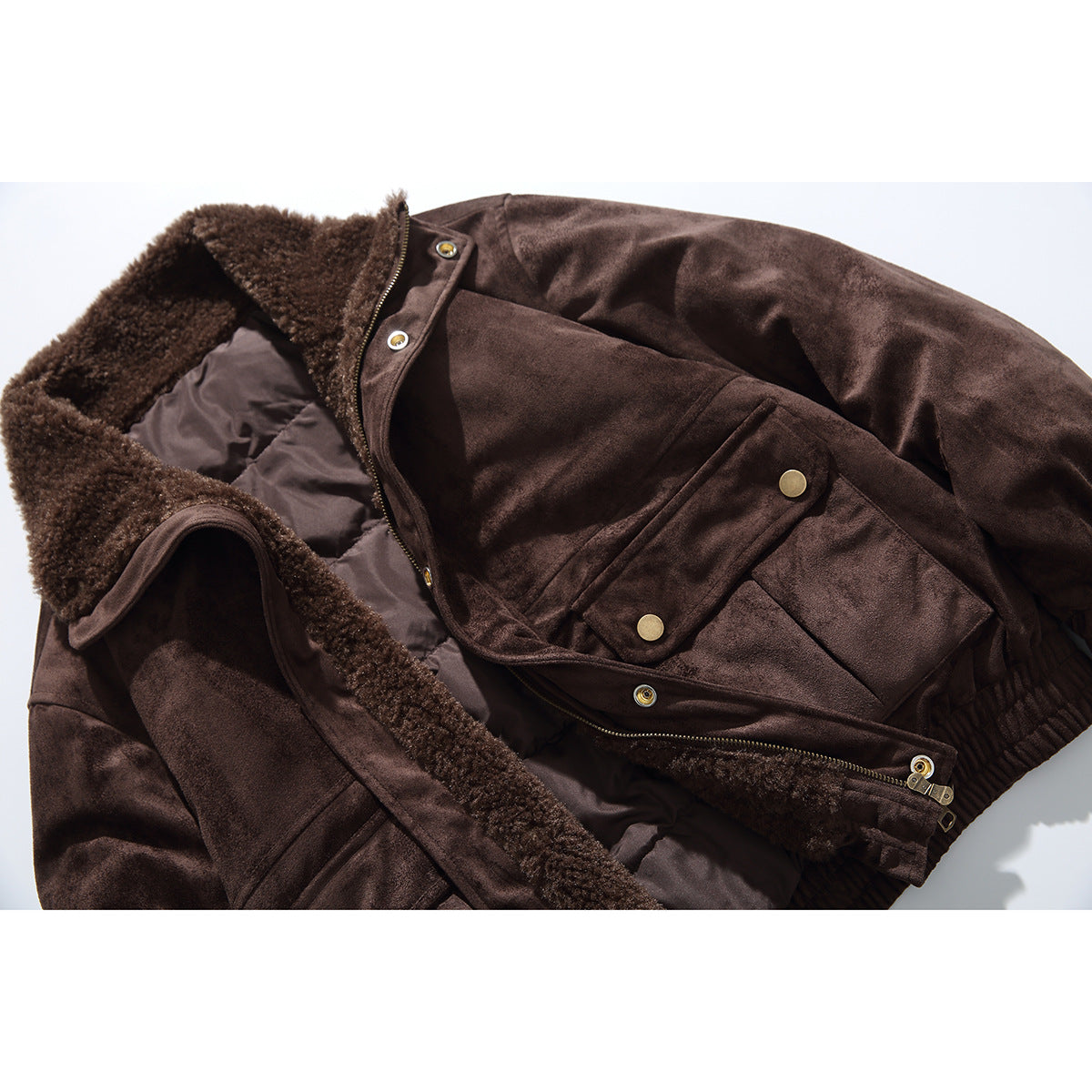 Close-up of an open dark brown jacket showing its plush collar, smooth lining, zipper and snap-fastened pockets.