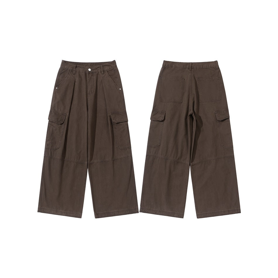 Flat lay showing the front and back of dark brown wide-leg cargo pants with pleats, large pockets and belt loops.
