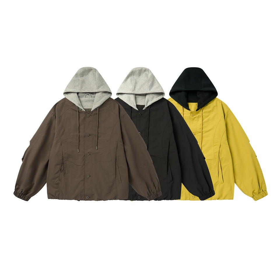 Three button-front hooded jackets shown together in brown, black, and yellow, with contrasting hood linings.