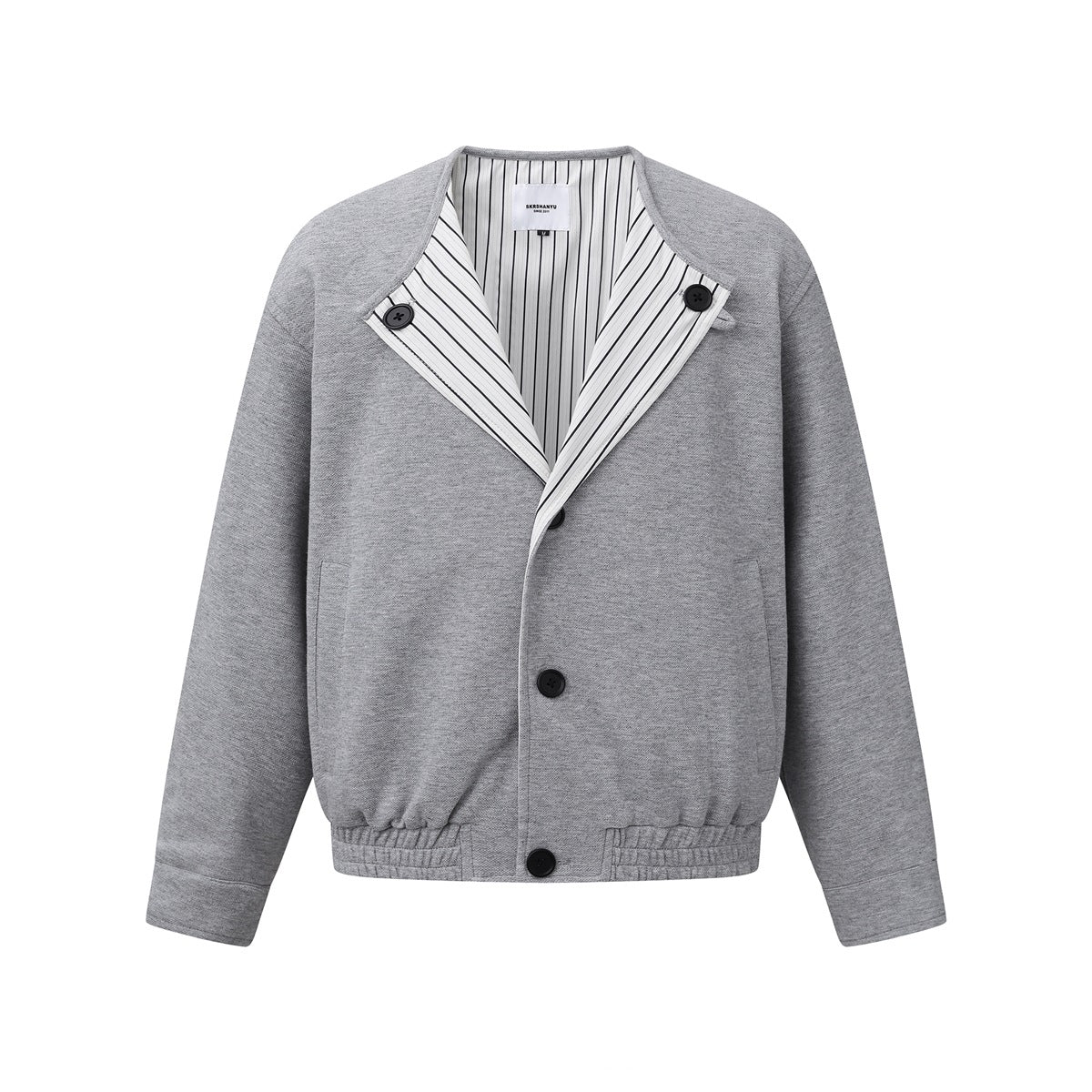 Light heather gray collarless button-front jacket with black-and-white striped lining, pockets and elastic hem, front view