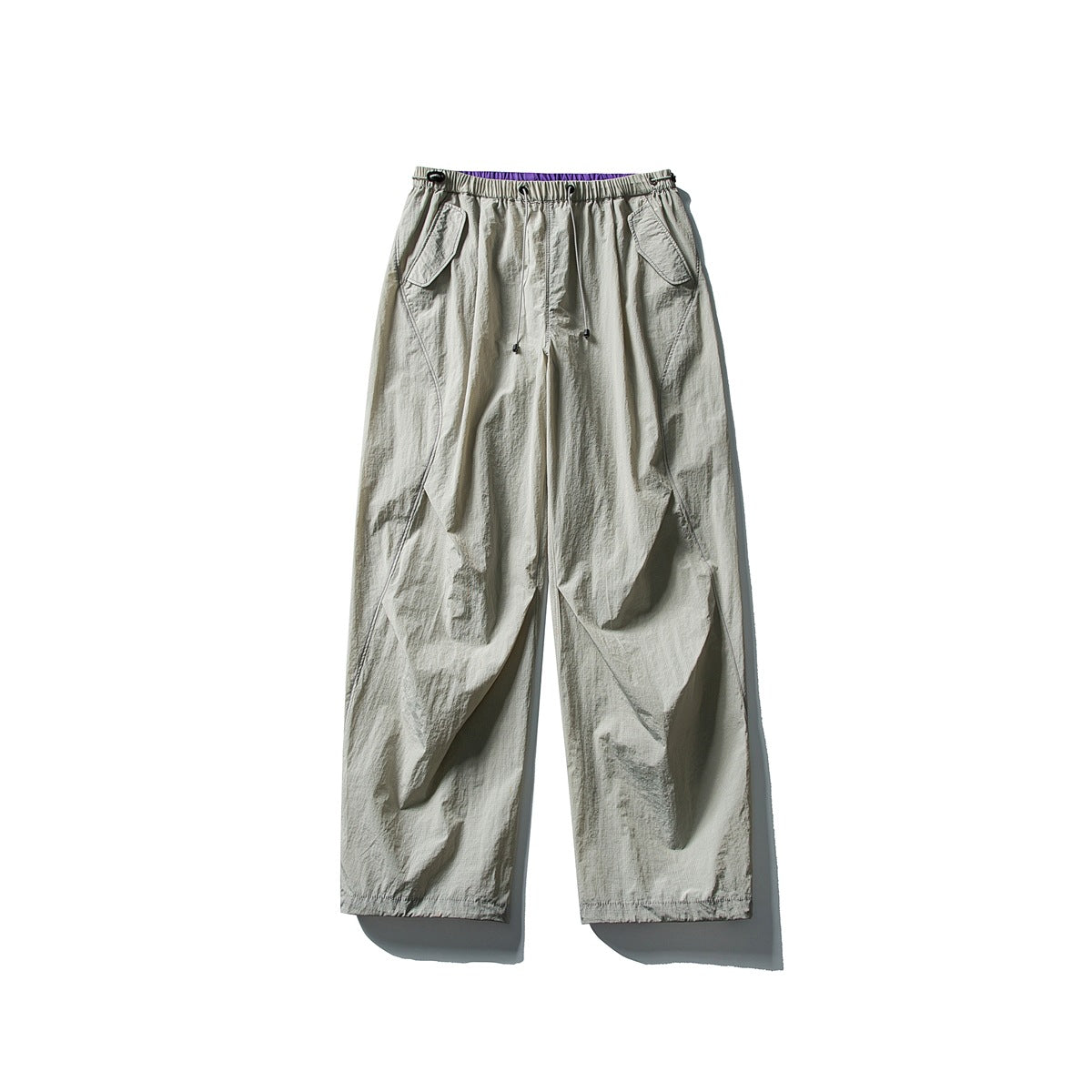 Light gray wide-leg pants with an elastic drawstring waist and angled front pockets.