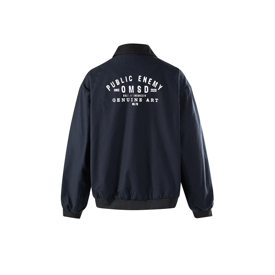 Back view of a navy blue collared jacket with white arched graphic print and dark ribbed hem and cuffs