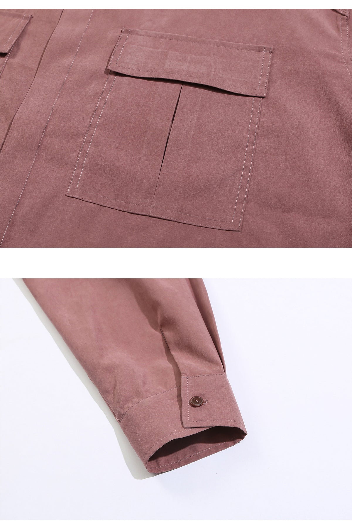 Close-ups show a dusty mauve shirt's flap chest pocket and buttoned sleeve cuff.