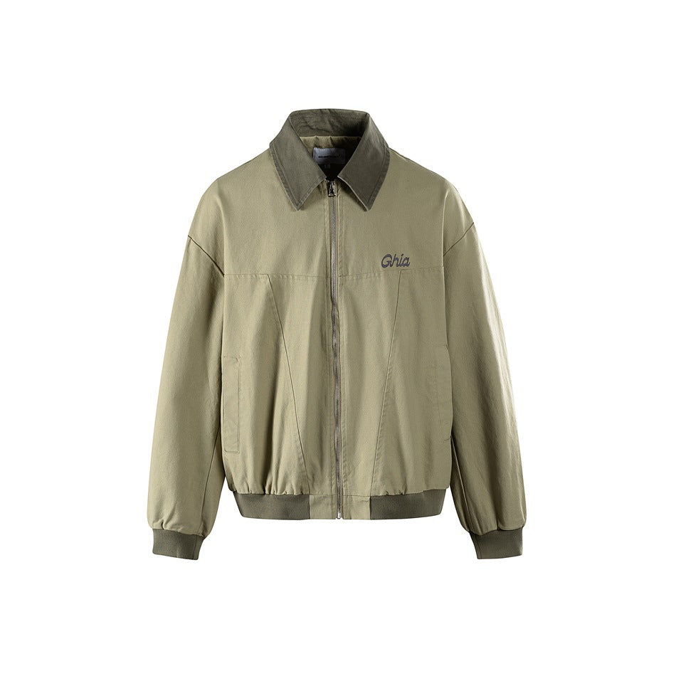 Front view of a khaki zip-front jacket with a dark olive pointed collar, cuffs, waistband, and chest script logo.
