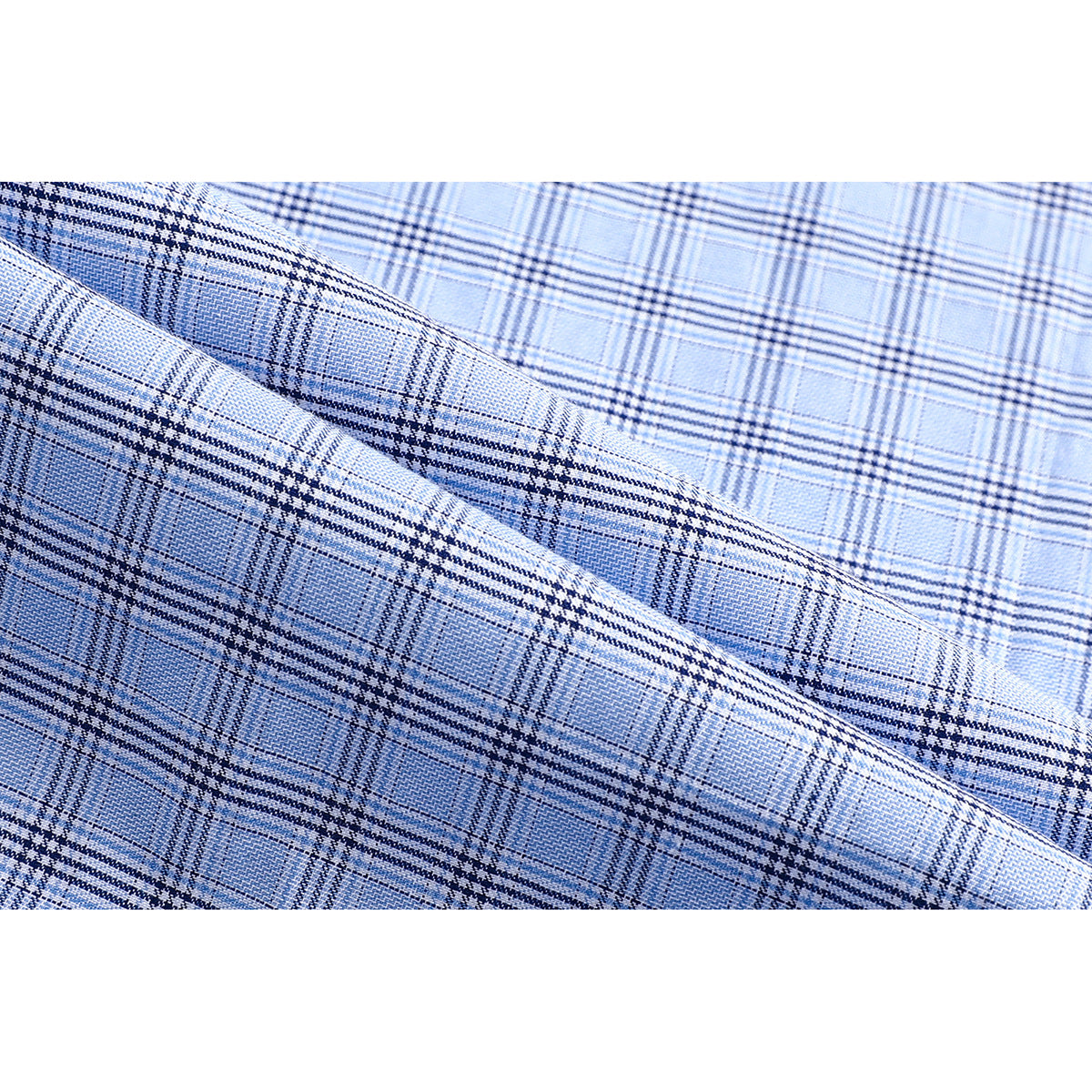 Close-up of light blue fabric with a dark blue and white plaid pattern, draped to show its texture.