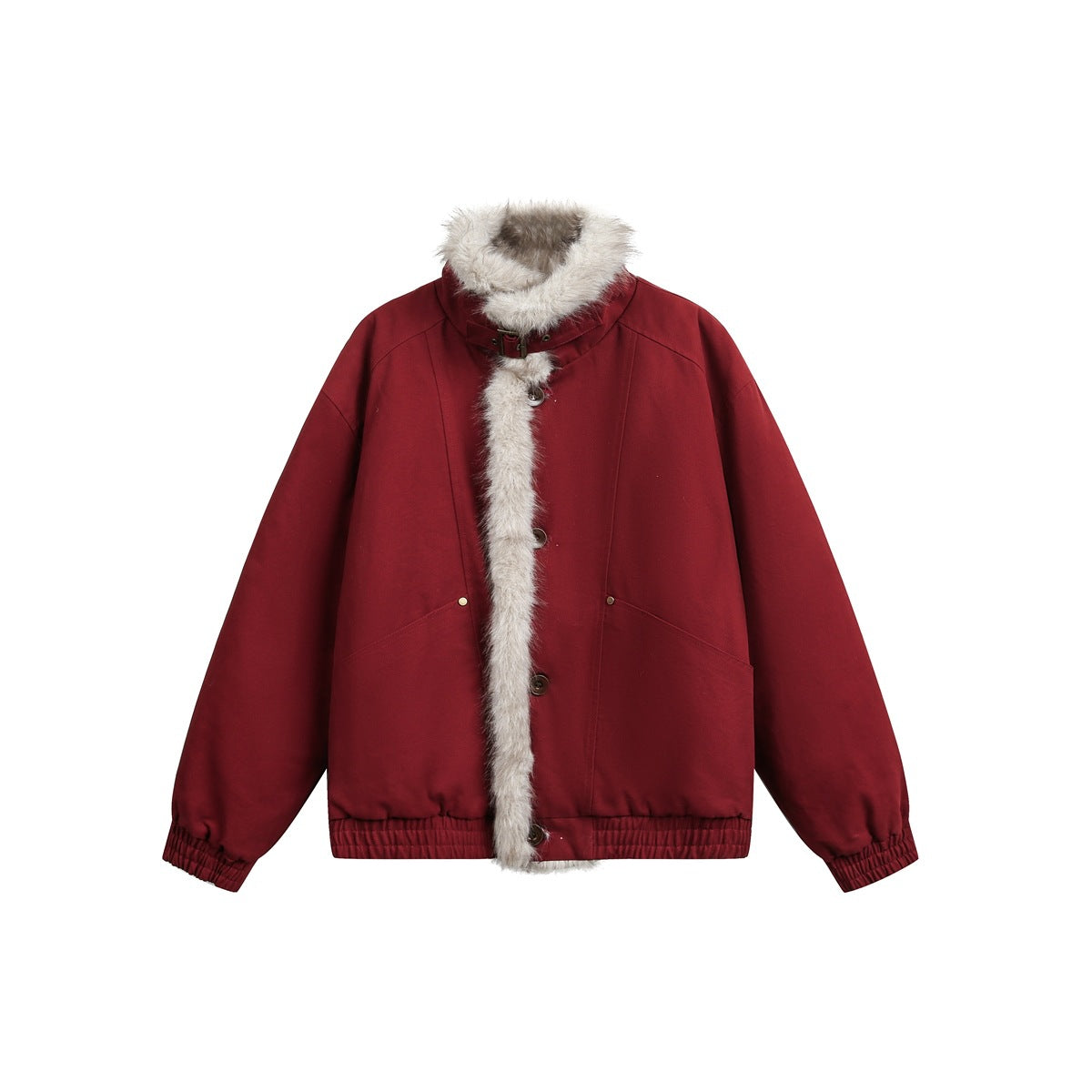 Red jacket with cream fluffy fleece-like collar and front trim, buckle collar strap, buttons and elastic hem, flat view