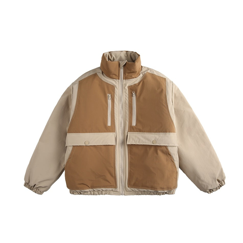 Khaki and camel-brown colorblock stand-collar zip jacket, flat lay front view with flap pockets