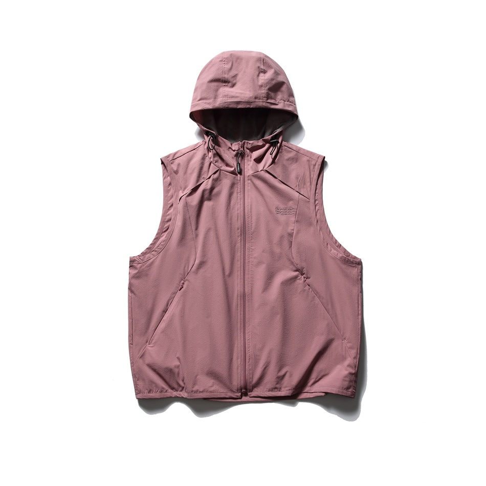 Dusty pink sleeveless hooded zip vest with drawcord hood and angled side pockets, flat lay front view