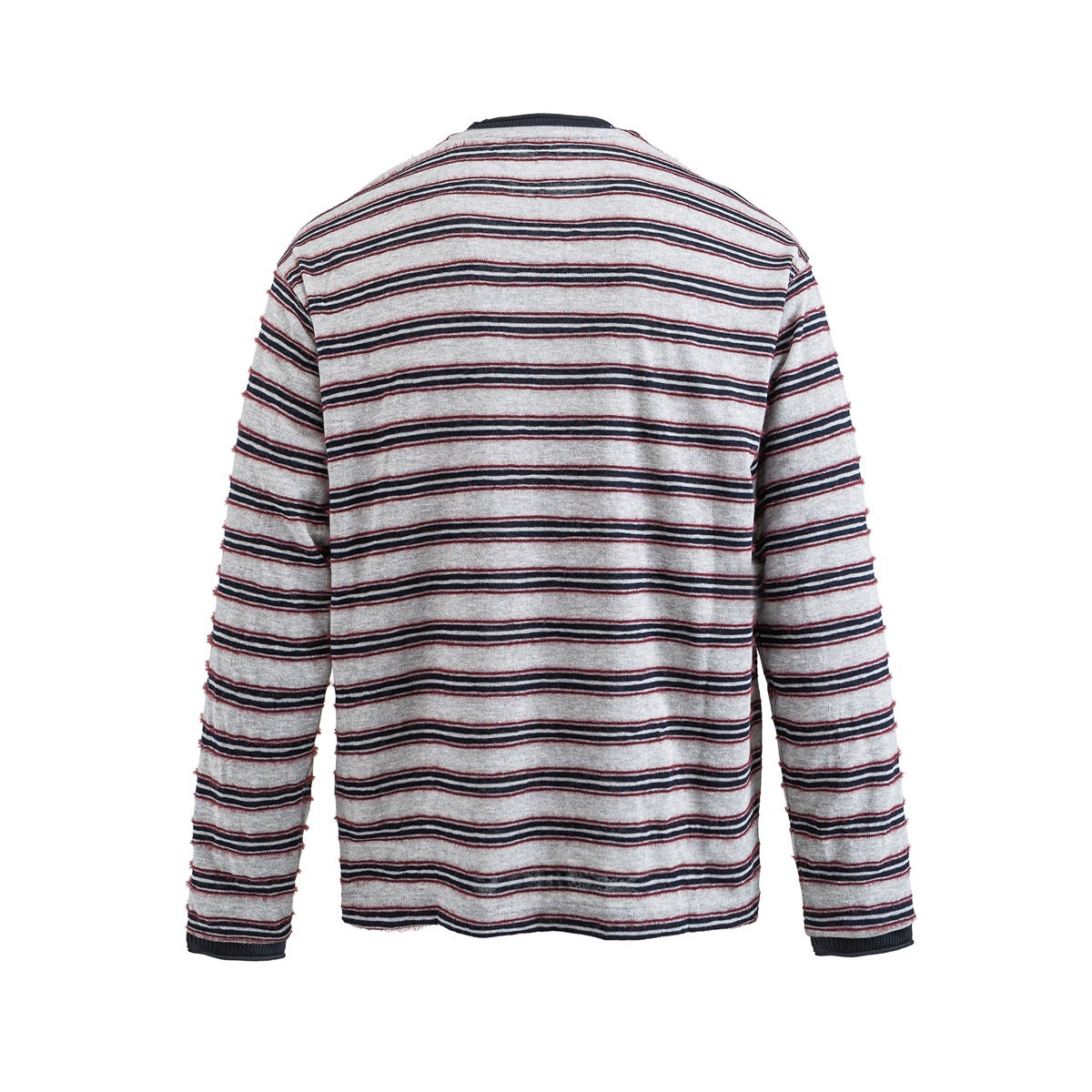 Back view of a gray long-sleeve crew-neck sweater with thin black and burgundy horizontal stripes and dark ribbed cuffs.