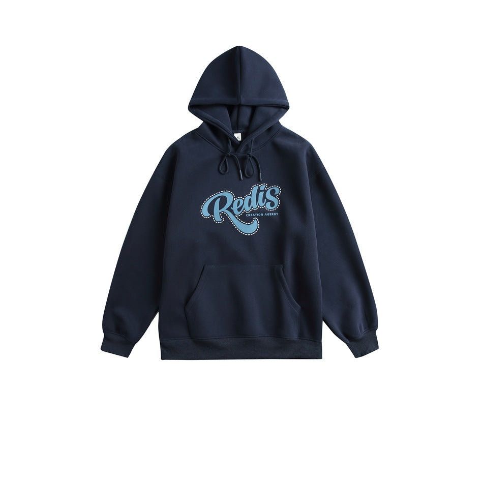 Navy pullover hoodie with blue script graphic on chest, drawstring hood and front kangaroo pocket, flat lay