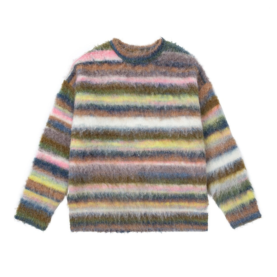 Flat front view of a multicolor horizontal-striped fuzzy crew-neck sweater with long sleeves