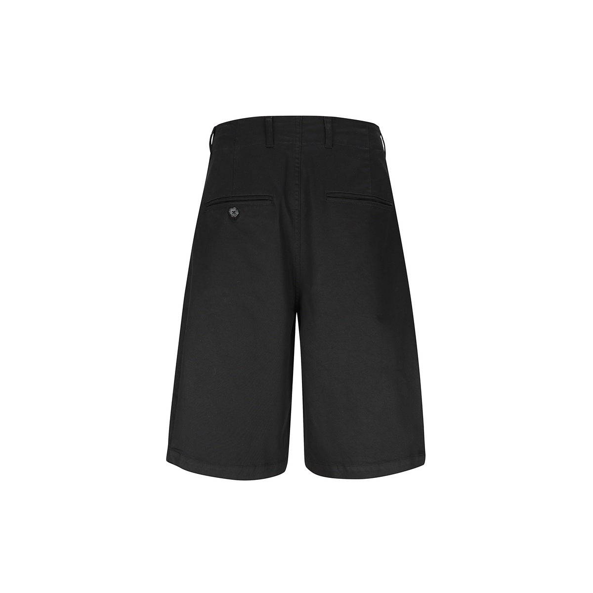 Back view of black wide-leg shorts with two welt pockets, one buttoned, and belt loops.