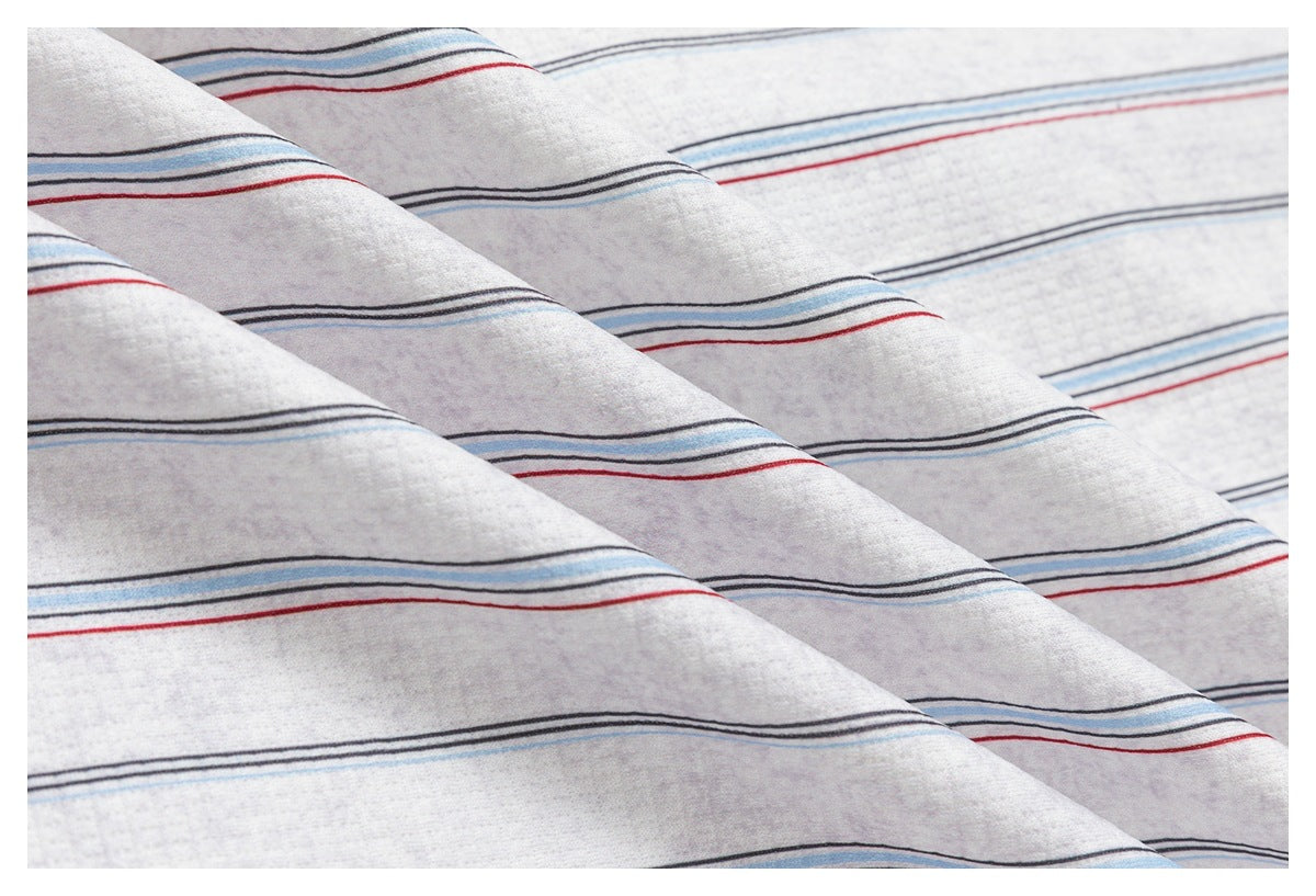 Close-up of light gray fabric with fine red, blue, and dark horizontal stripes and a subtle textured surface.