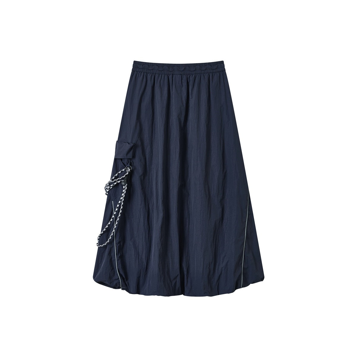 Navy blue long skirt, back view, with elastic waist, side cargo pocket, checkered cord and gathered bubble hem