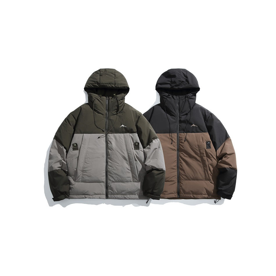Two hooded jackets shown together: one olive and gray, the other black and brown.