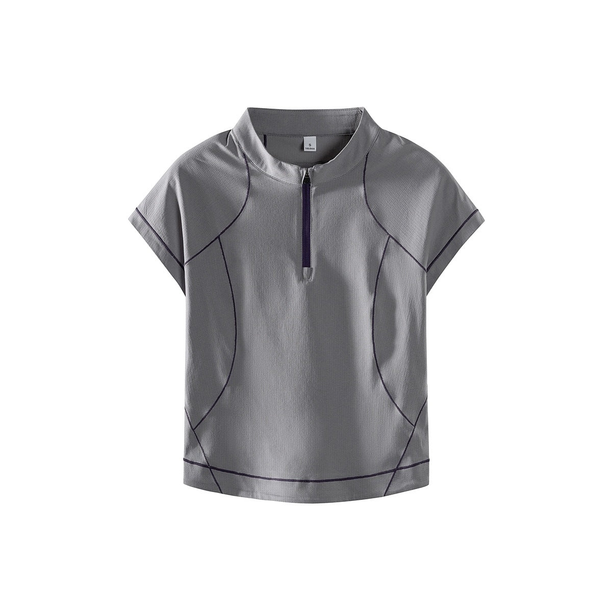 Gray half-zip short-sleeve top with dark purple contrast topstitching and zipper tape, flat front view