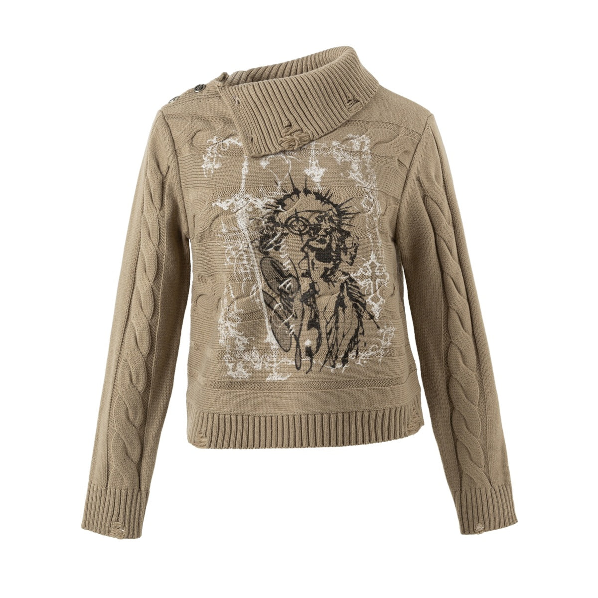 Khaki-brown cable-knit sweater with asymmetrical fold-over collar, shoulder buttons and distressed front graphic, flat lay