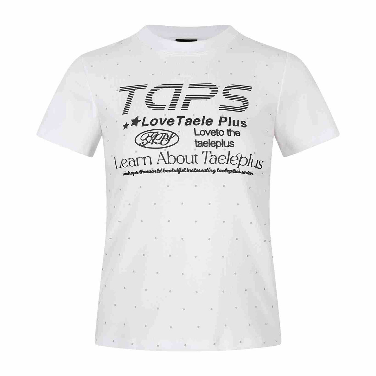 White short-sleeve crew neck T-shirt with small gray dots and black TAPS graphic text print on the chest