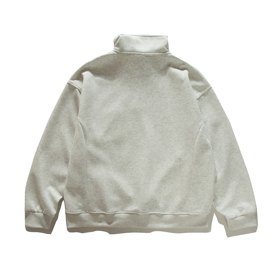 Back view of heather gray stand-collar sweatshirt flat lay with ribbed cuffs and hem