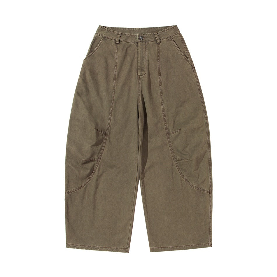 Khaki-brown wide-leg barrel pants, flat-lay front view with button waist, side pockets and curved leg seams