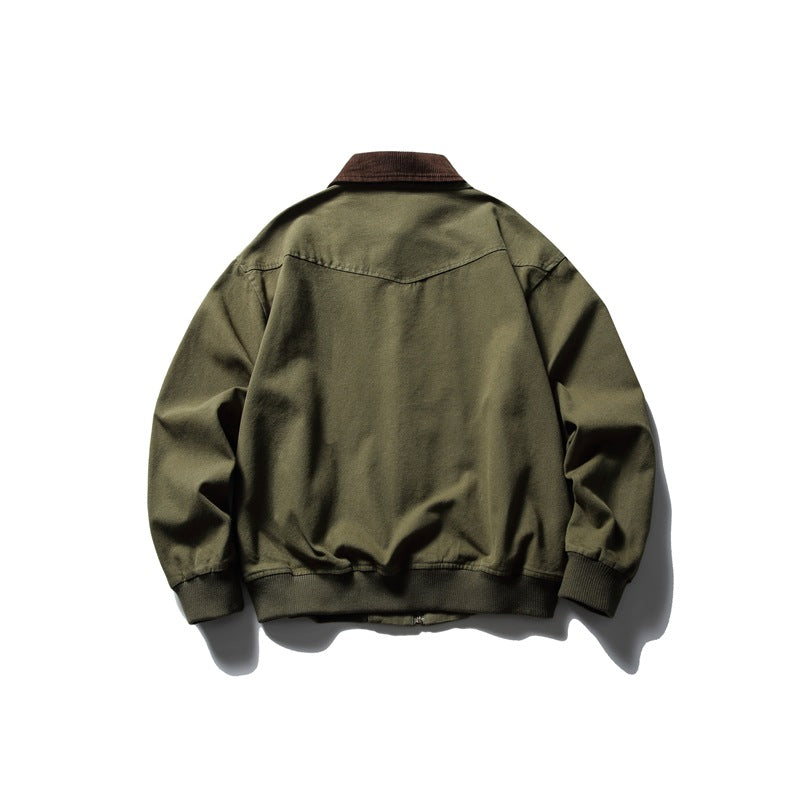 Back view of an olive jacket with a brown collar and ribbed cuffs and hem.