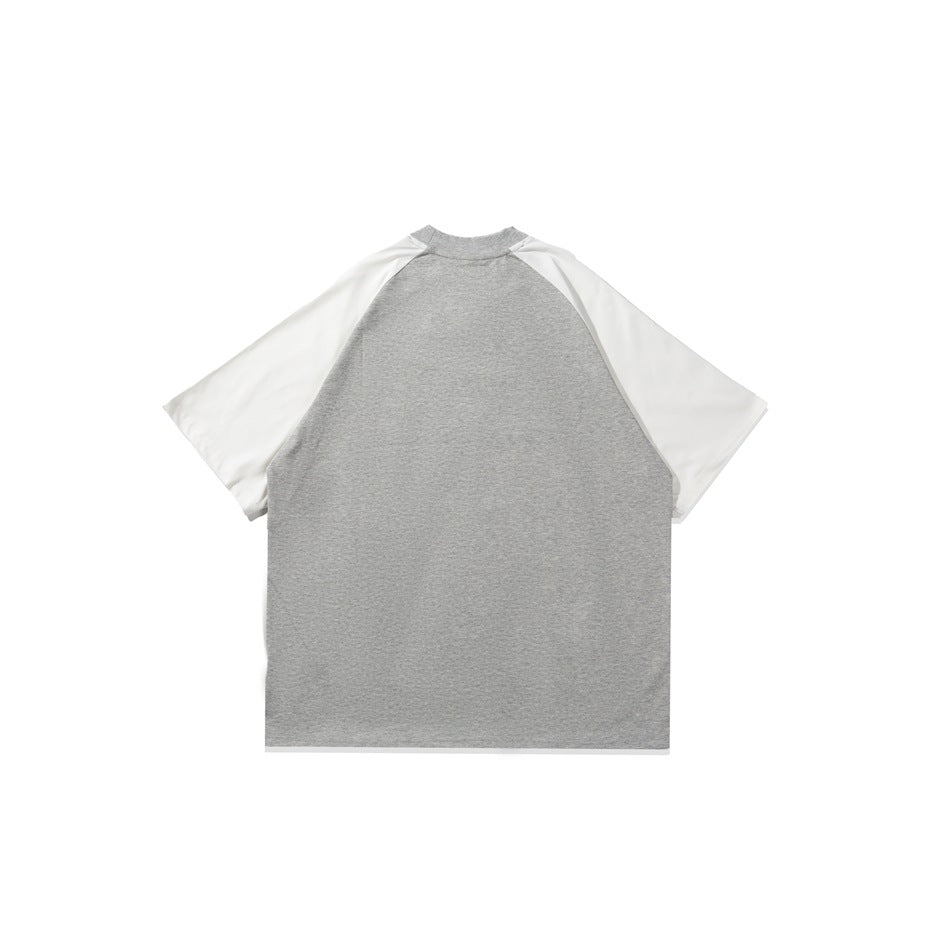 Back of a flat-lay raglan T-shirt with a heather gray body and white short sleeves.