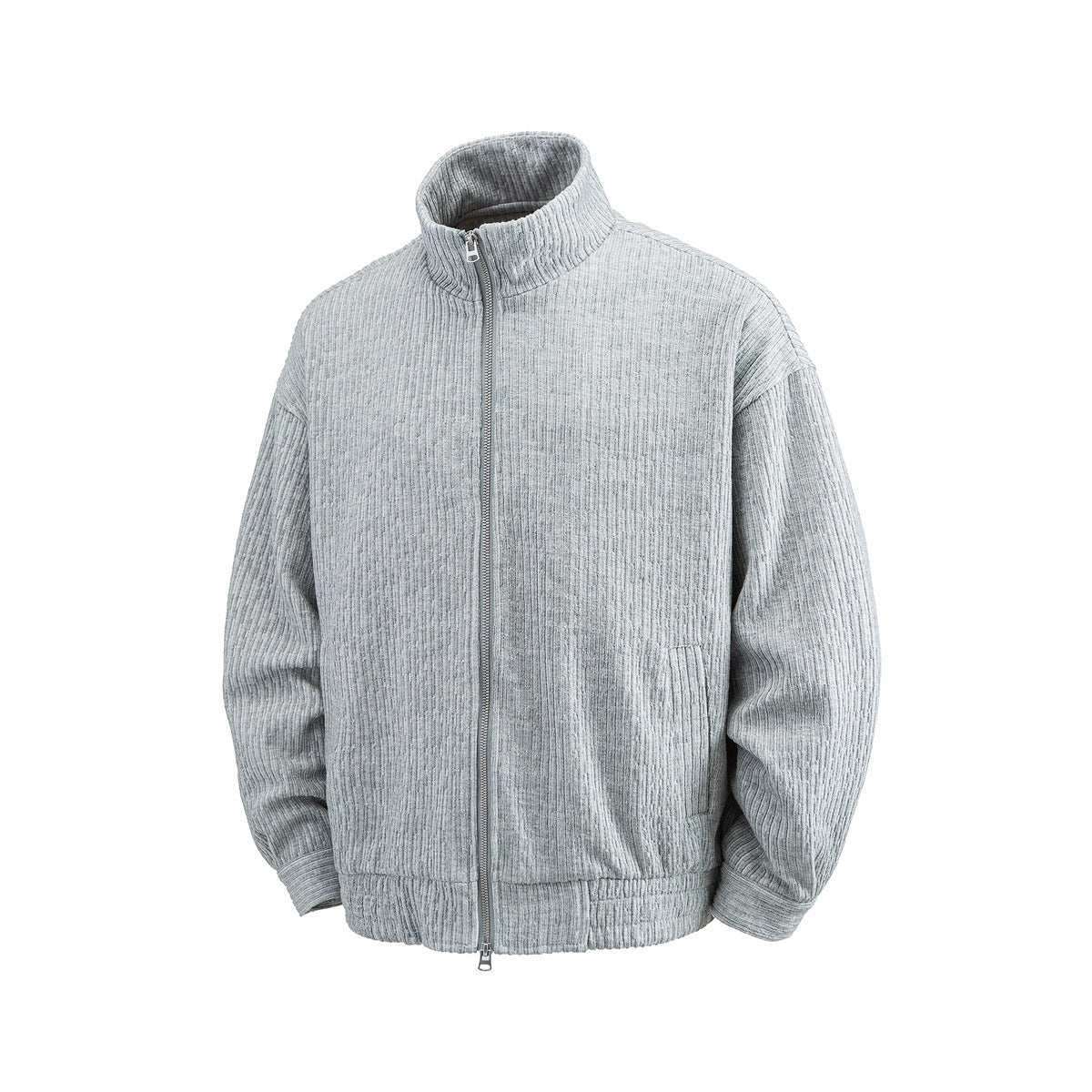 Light heather gray ribbed full-zip stand-collar jacket with drop shoulders, flat front view on white background