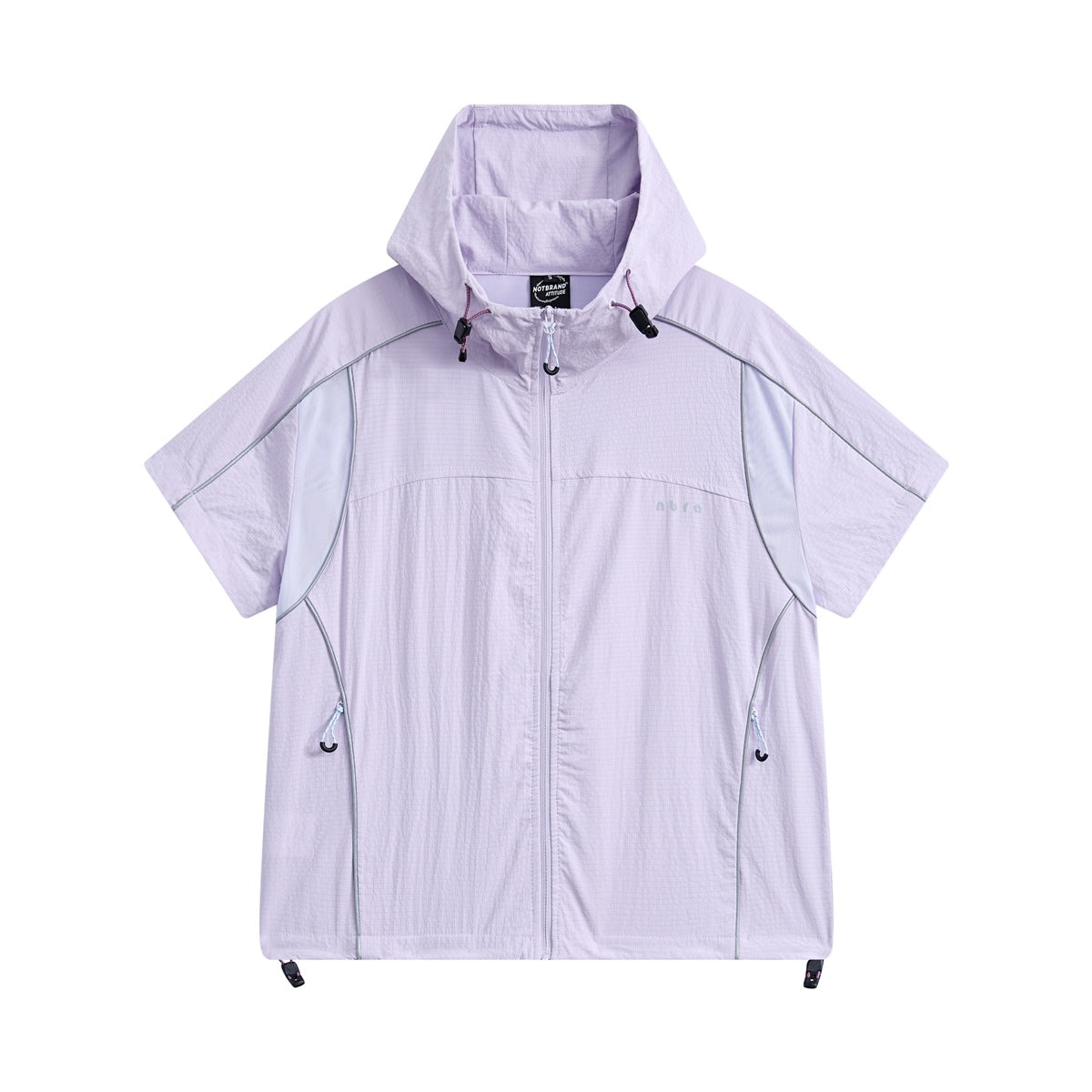 Purple short-sleeve hooded zip jacket with gray piping, lighter side panels and drawstring toggles, front view