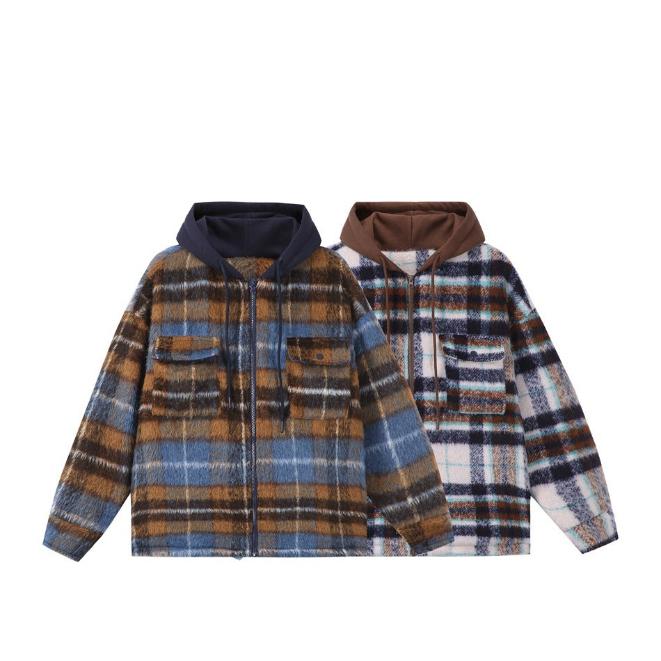 Two hooded zip-front plaid jackets shown together: one blue and brown, the other white, navy, teal, and brown.